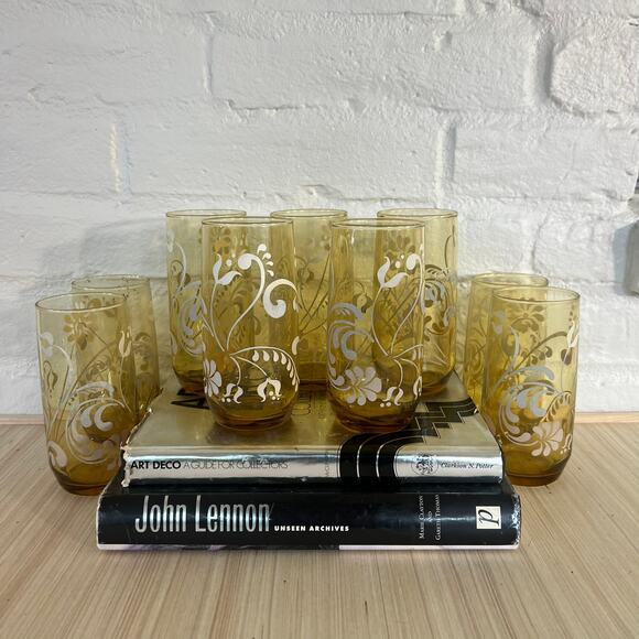 Libbey Vintage Drinking Glass Set | Mid-Century Floral Pattern | Set of 9 - Picture 3 of 5